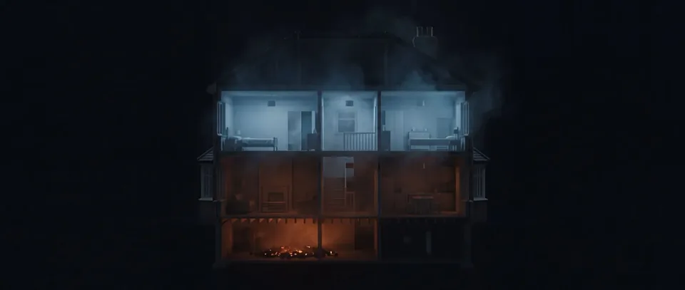 A two-storey house shown in cross-section. Cool smoke is clearing upstairs while a low amber source remains active in the basement.